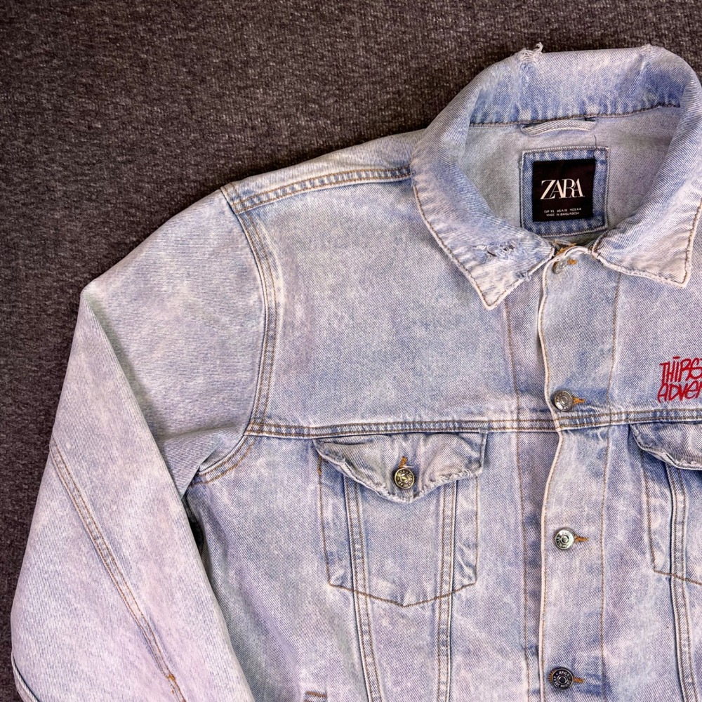 ZARA Acid Wash Denim Jacket Men XL Graphic Distressed Urban Graffiti Trucker Y2k - Picture 10 of 16
